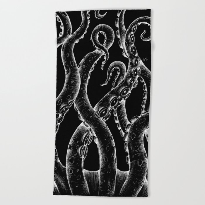 Funky White Tentacles Octopus Ink on Black Beach Towel