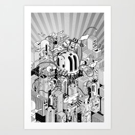 System Overload Art Print | Stayhome, Cartoon, Cool, Digital, Illustration, Blackandwhite, Stayathome, Skyscraper, Buildings, Dystopia 