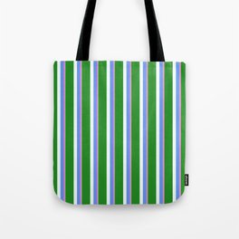 [ Thumbnail: Eyecatching Green, Violet, Cornflower Blue, Mint Cream & Forest Green Colored Pattern of Stripes Tote Bag ]