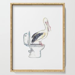 Pelican in the bathroom painting watercolour Serving Tray