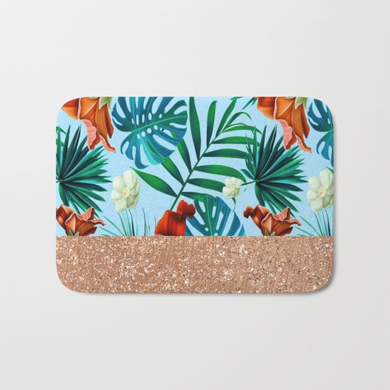 Tropical blue floral rose gold Bath Mat