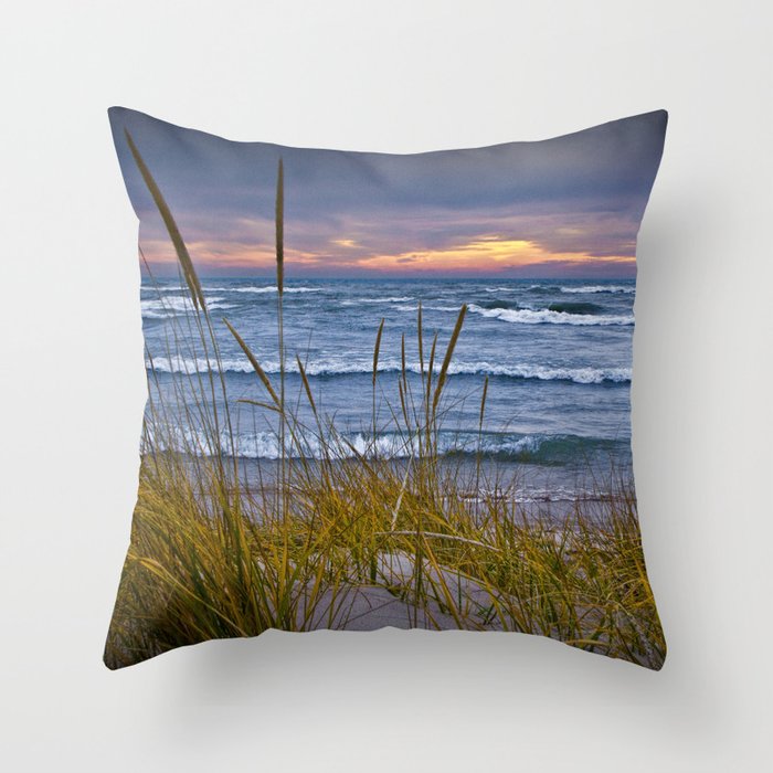 Sunset Photograph of a Dune with Beach Grass at Holland Michigan No 0199 Throw Pillow