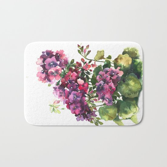 Watercolor geranium red pink flowers Bath Mat