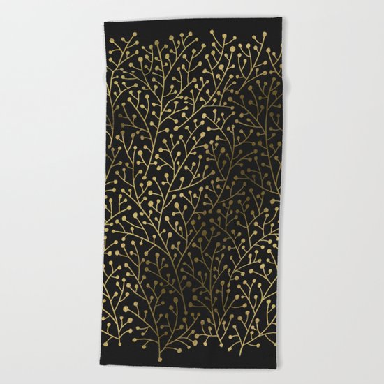 Gold Berry Branches on Black Beach Towel