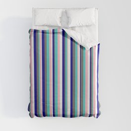 [ Thumbnail: Eye-catching Dark Blue, Dim Gray, Turquoise, Pink, and White Colored Lined/Striped Pattern Duvet Cover ]