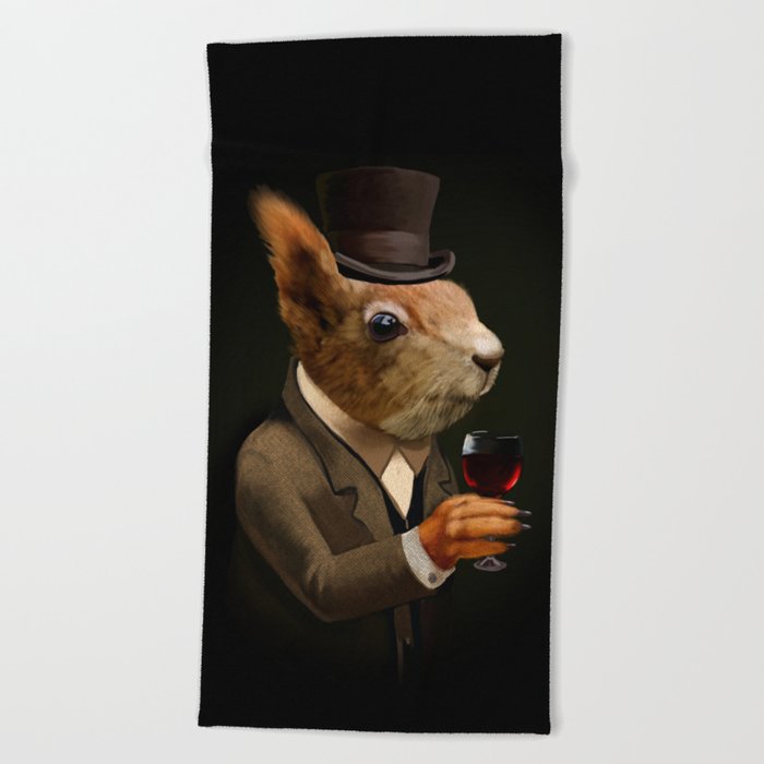 Sophisticated Pet -- Squirrel in Top Hat with glass of wine Beach Towel