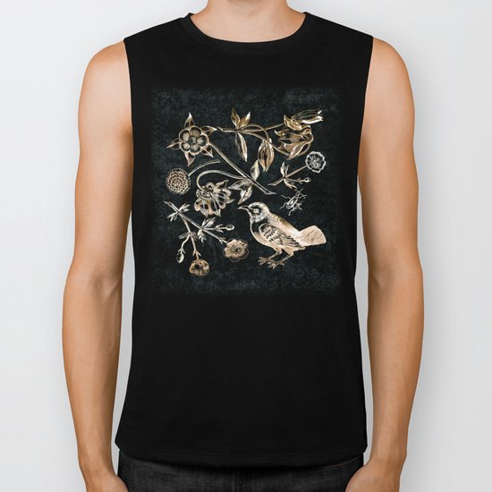 Golden set of birds, beetle, flowers and cherry fruit. Biker Tank