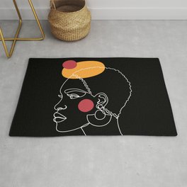 African woman in a line art style with abstract shapes on a black background. Area & Throw Rug