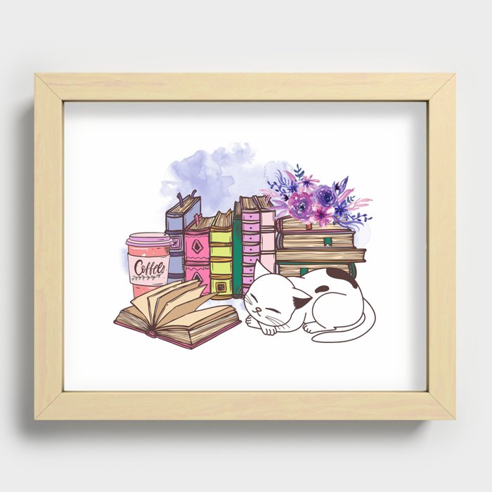 Books Cats Coffee Illustration Recessed Framed Print
