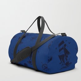 Monochrome Blue Silhouettes Of Vintage Nautical Pattern Duffle Bag