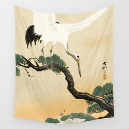 Crane and its chicks on a pine tree  - Vintage Japanese Woodblock Print Art Wall Tapestry