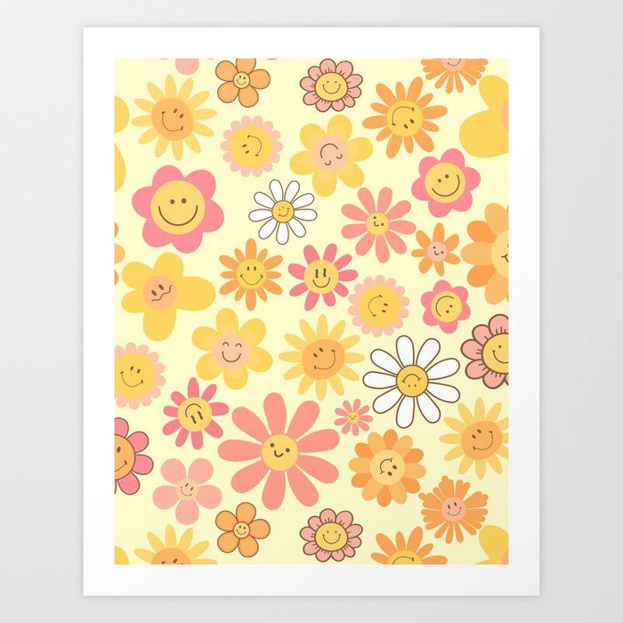 70´s Retro Simileys Sunny Summer Pattern Art Print