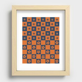 Abstract Floral Checker Pattern 11 in Navy Blue Orange Recessed Framed Print