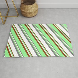[ Thumbnail: Green, Grey, White, and Brown Colored Lined/Striped Pattern Rug ]