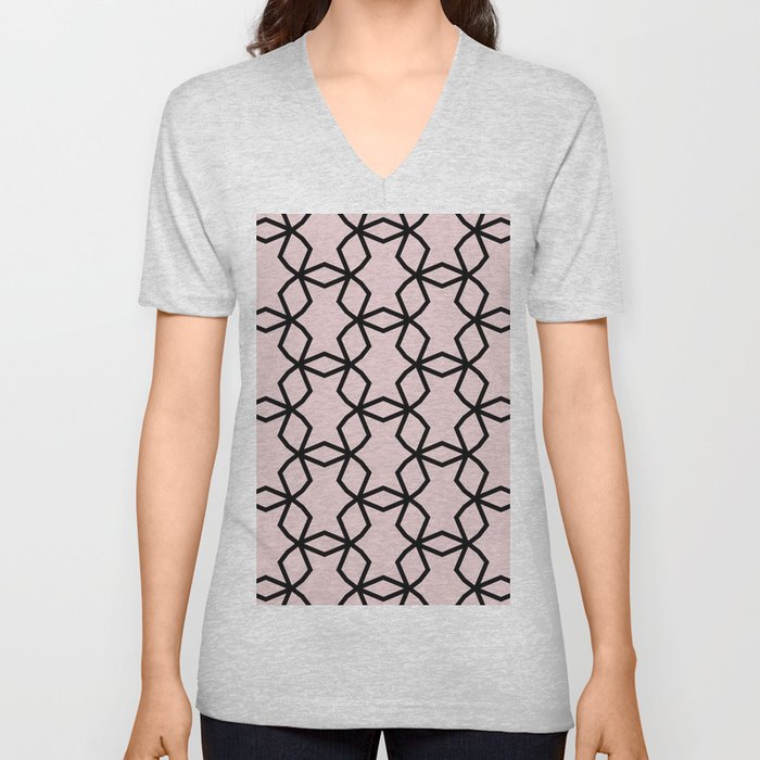 Black and Pink Geometric Shape Mosaic Pattern Pairs DE 2022 Popular Color Short and Sweet DE6023 V Neck T Shirt
