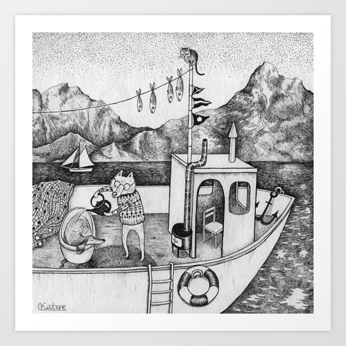 Fox on Fishing-boat Art Print