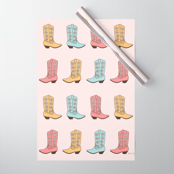 Cowgirl Boots and Daisies, Blush Pink, Mint, Cute Pastel Cowboy Pattern Wrapping Paper