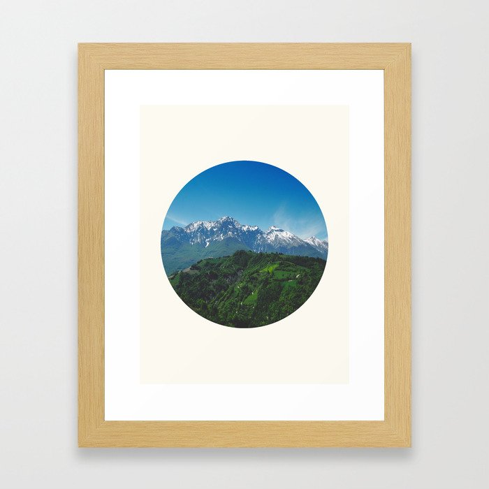 Mid Century, Modern, Round, Circle, Photo, Snow Mountain, Green Valley, Landscape Framed Art Print