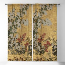 Red White Chrysanthemums Vintage Floral Japanese Gold Leaf Screen Blackout Curtain