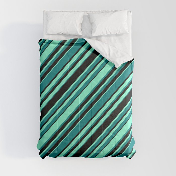 Aquamarine, Teal, and Black Colored Pattern of Stripes Comforter
