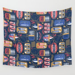 Vintage canned sardines // navy blue background peacock teal and mandy red cans  Wall Tapestry