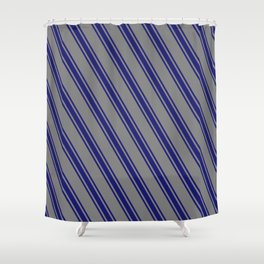 [ Thumbnail: Gray & Midnight Blue Colored Lined Pattern Shower Curtain ]