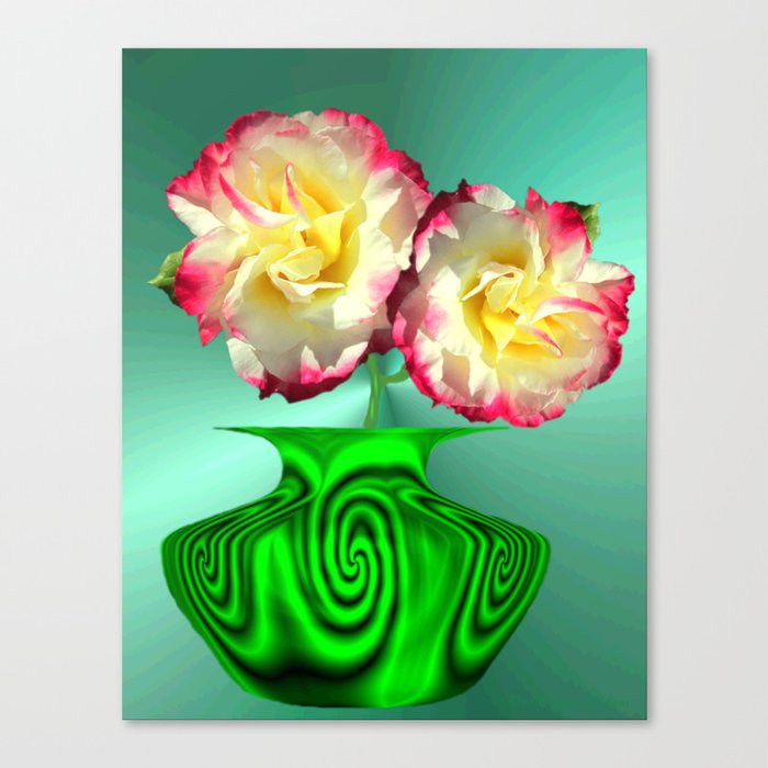 Green Wave Vase And Roses Canvas Print