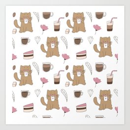 Cats and Coffee Art Print | Peppermintcreek, Cafe, Feather, Cake, Graphicdesign, Flowers, Cats, Mugs, Espresso, Desserts 