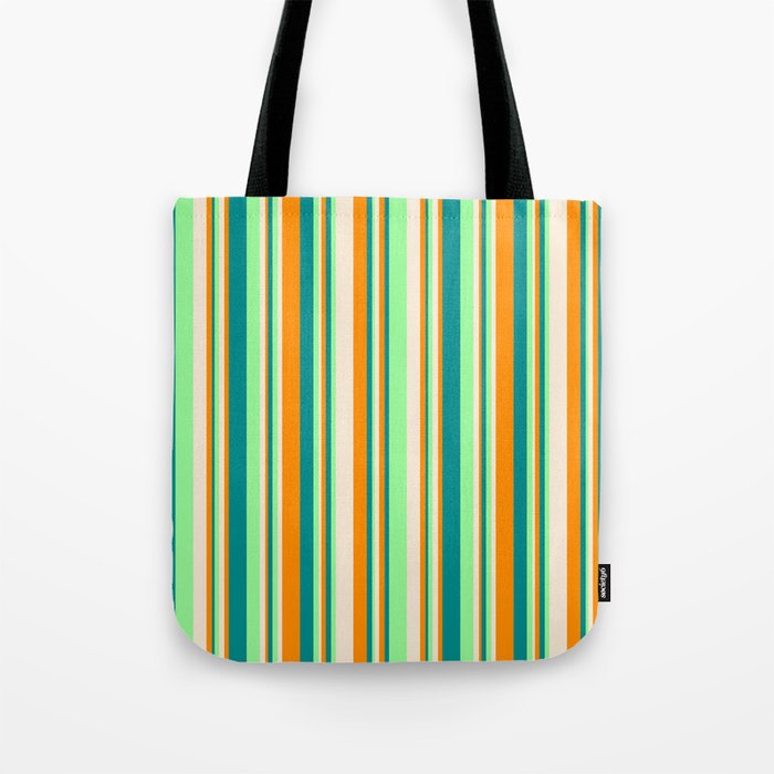 Green, Dark Cyan, Dark Orange, and Beige Colored Stripes Pattern Tote Bag