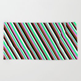 [ Thumbnail: Colorful Green, Violet, Brown, Black & White Colored Stripes Pattern Beach Towel ]