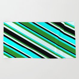 [ Thumbnail: Aqua, Forest Green, Light Cyan, and Black Colored Lines/Stripes Pattern Beach Towel ]