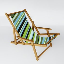[ Thumbnail: Colorful Green, Light Cyan, Dark Olive Green, Sky Blue & Black Colored Lines/Stripes Pattern Sling Chair ]
