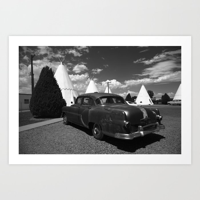 Route 66 Wigwam Motel and Classic Car 2012 #3 BW Art Print