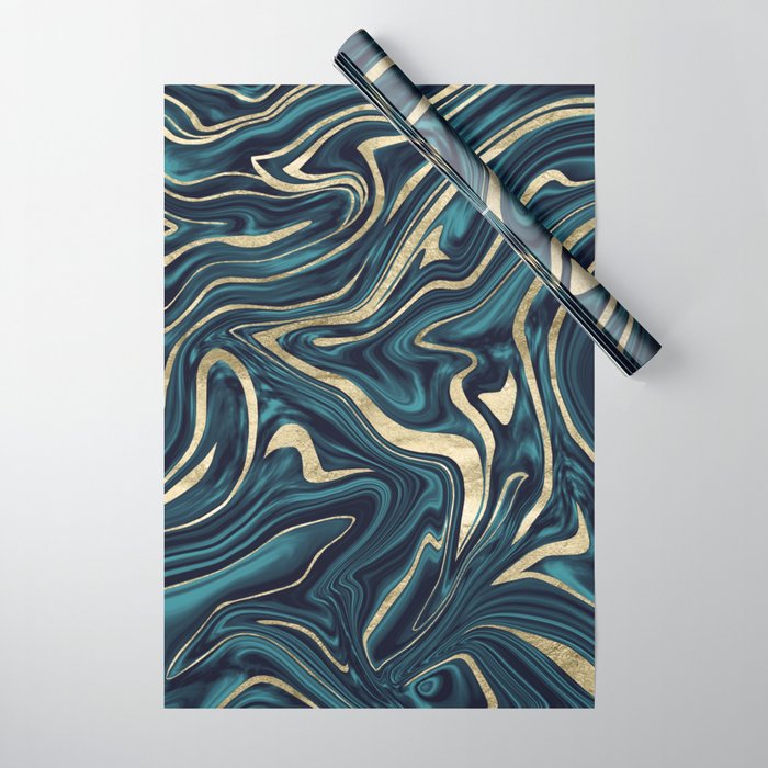 Teal Navy Blue Gold Marble 1 Decor Art Society6 Wrapping Paper