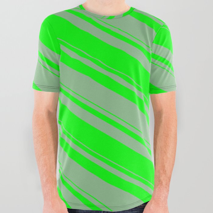 Dark Sea Green & Lime Colored Lines/Stripes Pattern All Over Graphic Tee