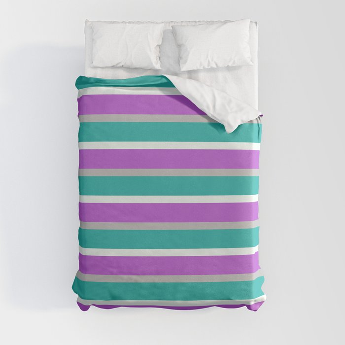 Grey, Light Sea Green, Mint Cream, and Orchid Colored Lined Pattern Duvet Cover