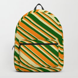 [ Thumbnail: Pale Goldenrod, Dark Green, and Dark Orange Colored Lined/Striped Pattern Backpack ]