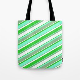 [ Thumbnail: Aquamarine, Dark Sea Green, Mint Cream & Lime Green Colored Lined Pattern Tote Bag ]