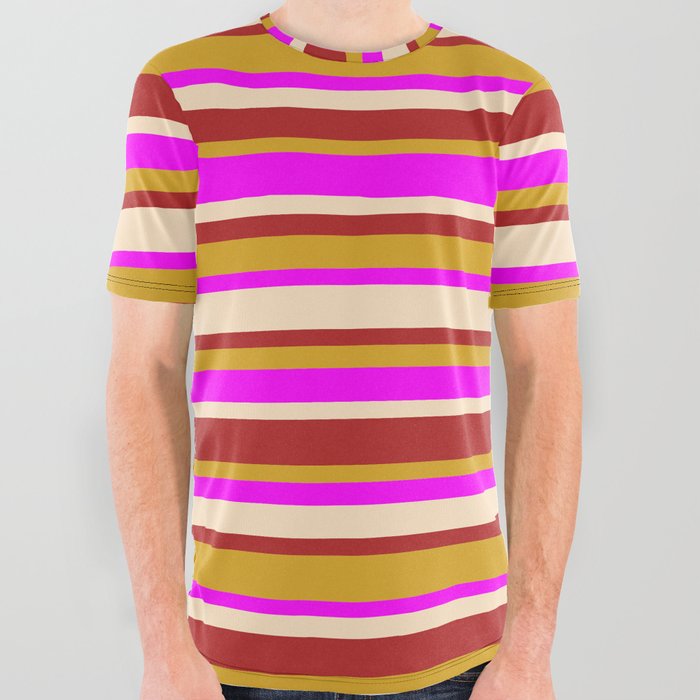 Fuchsia, Bisque, Red, and Goldenrod Colored Lined Pattern All Over Graphic Tee