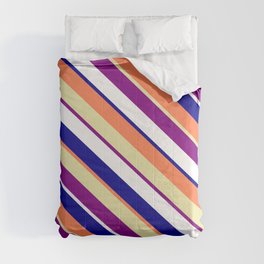 [ Thumbnail: Colorful Coral, Pale Goldenrod, Purple, White & Dark Blue Colored Lines/Stripes Pattern Comforter ]