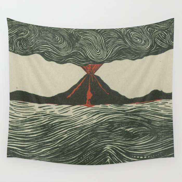 Volcano Woodcut Wall Tapestry