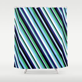 [ Thumbnail: Eye-catching Sea Green, Light Sky Blue, Mint Cream, Midnight Blue, and Black Colored Lined Pattern Shower Curtain ]