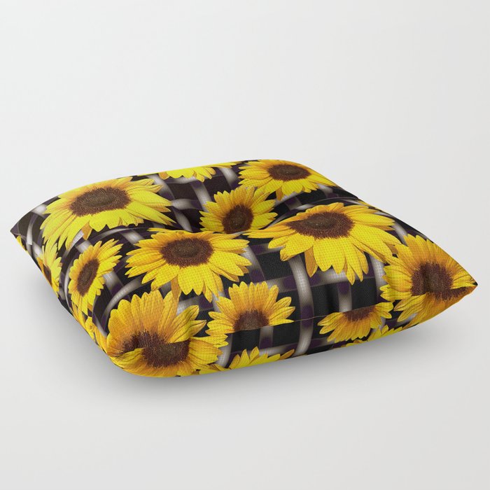 Bright Yellow Sunflower and Industrial Grid Pattern Floor Pillow