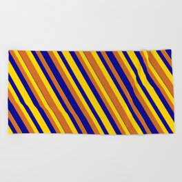 [ Thumbnail: Dark Blue, Yellow, and Chocolate Colored Striped/Lined Pattern Beach Towel ]
