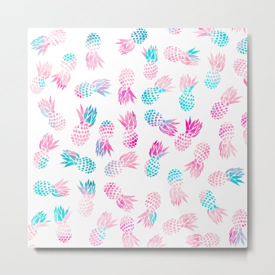 Modern summer tropical pineapple watercolor illustration pattern Metal Print