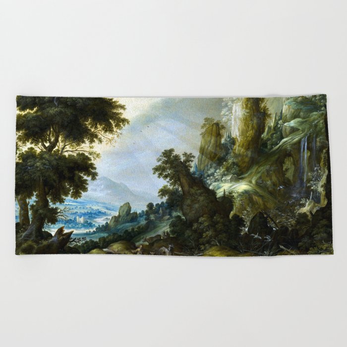 Kerstiaen De Keuninck Mountain Landscape With Waterfall Beach Towel