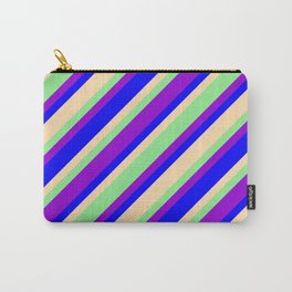 [ Thumbnail: Light Green, Dark Violet, Blue & Tan Colored Lines Pattern Carry-All Pouch ]