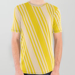 [ Thumbnail: Bisque & Yellow Colored Lined/Striped Pattern All Over Graphic Tee ]