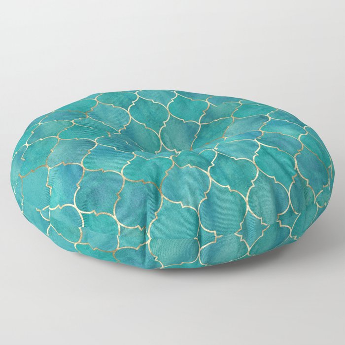 Turquoise Teal Golden Moroccan Quatrefoil Pattern Floor Pillow