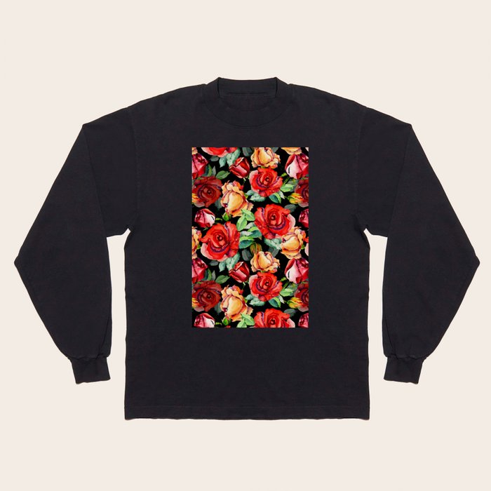 Hand painted black red watercolor roses floral Long Sleeve T Shirt